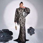 High End Long Sleeve Crew Neck Long Lace Cocktail Evening Dress Bridesmaid